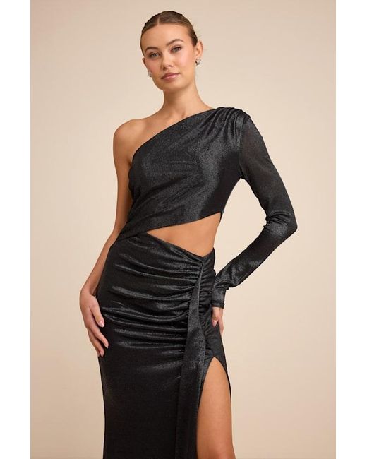 Lulus Black Demaria Slinky Knit Cutout One-Shoulder Mermaid Maxi Dress