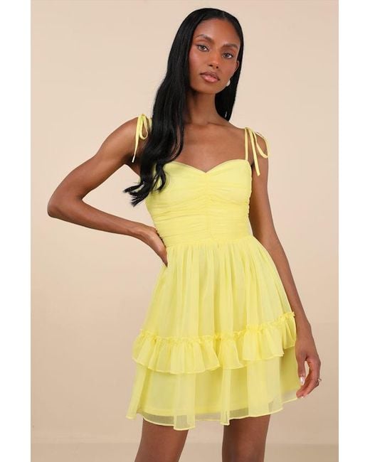Lulus Yellow Angelic Approach Chiffon Ruffled Tie-Strap Mini Dress