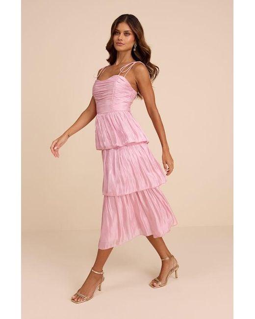 Lulus Pink Tennon Plisse Tiered Midi Dress