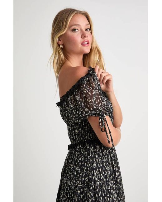 Lulus Black Adoring Moment Floral Lace Ruffled Puff Sleeve Mini Dress