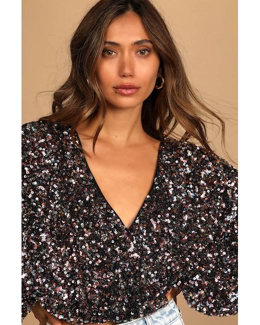 Lulus Pink Keep Dazzling Multi Sequin Long Sleeve Crop Top