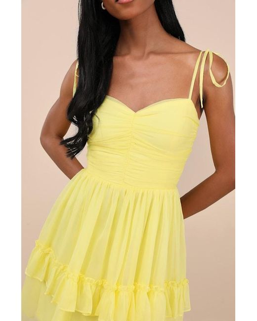 Lulus Yellow Angelic Approach Chiffon Ruffled Tie-Strap Mini Dress
