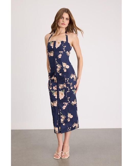 Lulus Blue Arrosa Floral Halter Midi Dress