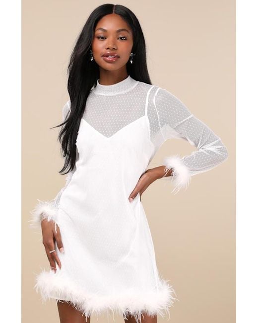 Lulus Immaculate Charisma Mesh Feather Long Sleeve Mini Dress in Natural |  Lyst UK
