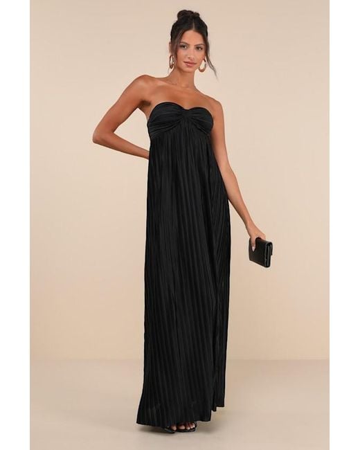 Lulus Black Whimsical Beauty Satin Plisse Strapless Maxi Dress