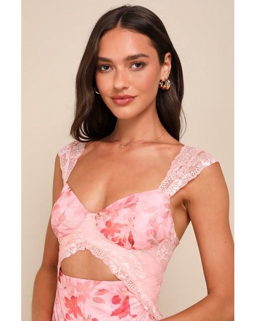 Lulus Pink Endlessly Cute Floral Mesh Cutout Lace Bustier Maxi Dress