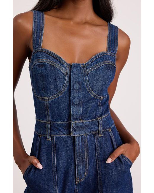 Lulus Blue Fresh Perfection Dark Wash Bustier Sleeveless Denim Jumpsuit