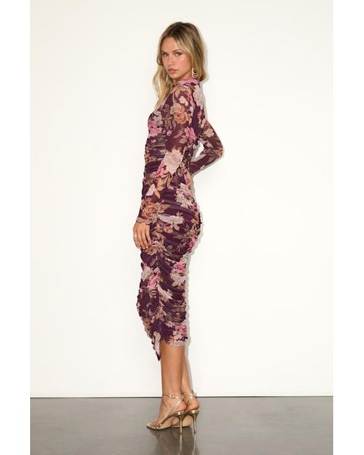 Lulus Red Impressive Flirt Plum Floral Mesh Ruched Mock Neck Midi Dress