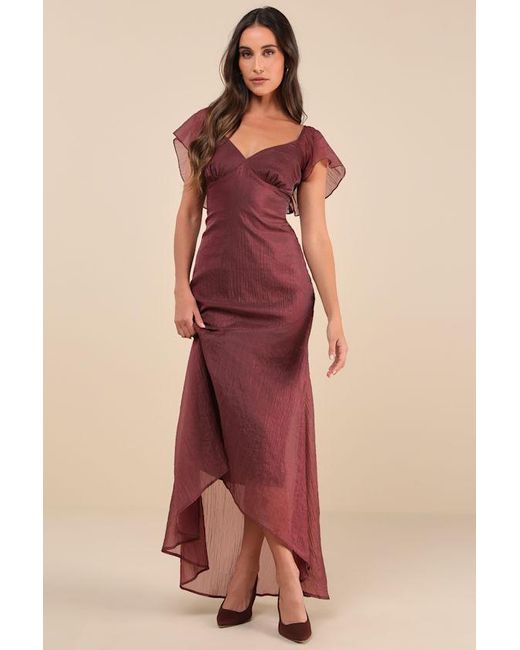 Lulus Red Dreamy Grace Crinkled Flutter Sleeve Midi Dress
