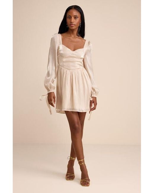 Lulus Natural Lirenda Shiny Balloon Sleeve Tie-Back Mini Dress