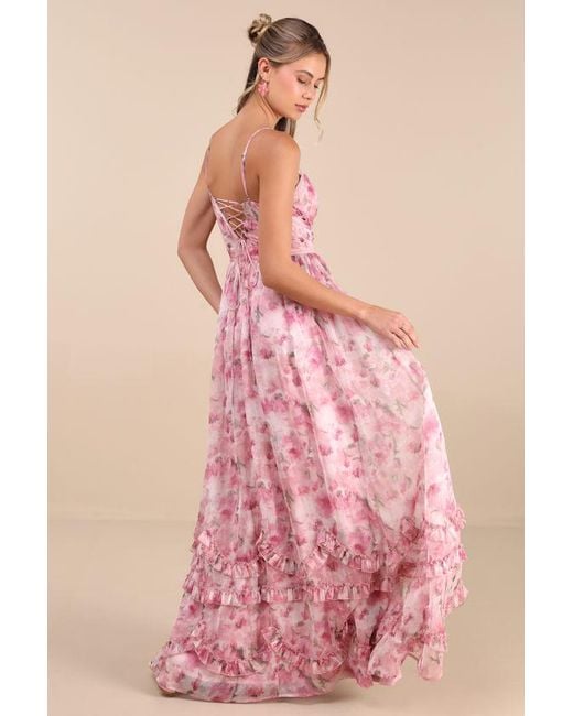 Lulus Pink Novella Floral Ruffled Bustier Lace-Up Maxi Dress