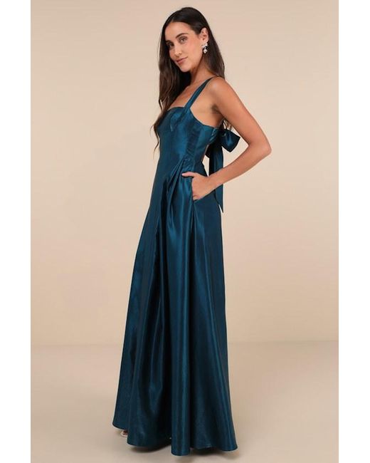 Lulus Blue Immaculate Aura Shiny Dark Taffeta Maxi Dress With Pockets