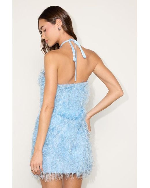 Lulus Blue Colmar Tinsel Fringe Halter Mini Dress