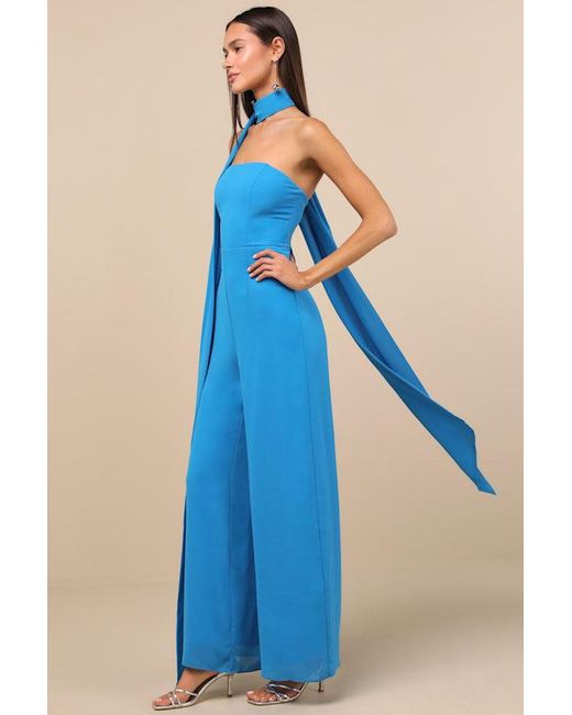 Lulus Blue Kavina Bright Wide-Leg Jumpsuit And Scarf Set