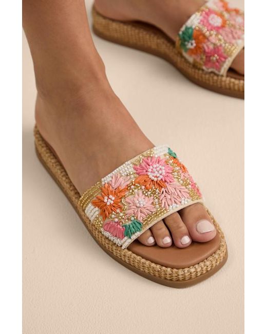 Steve Madden Pink Boardwalk Floral Multi Embellished Flatform Slide Sandals