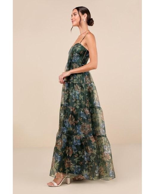 Lulus::Organza Tiered マキシドレス:L[RESALE] Green Floral Organza Dress - Tiered Floral Gown - Black Gown