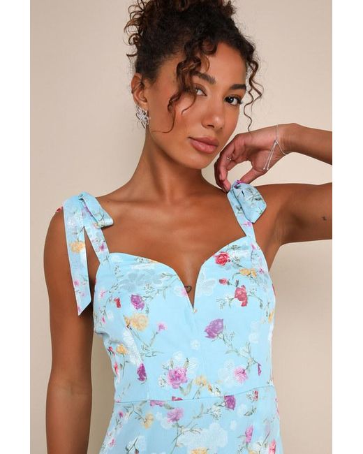 Lulus Blue So Elevated Floral Jacquard Tie-Strap High-Low Midi Dress