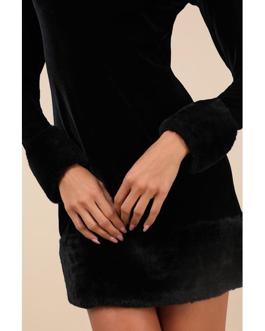 Rare London Black Opulent Charm Velvet Faux Fur Trim Mini Dress