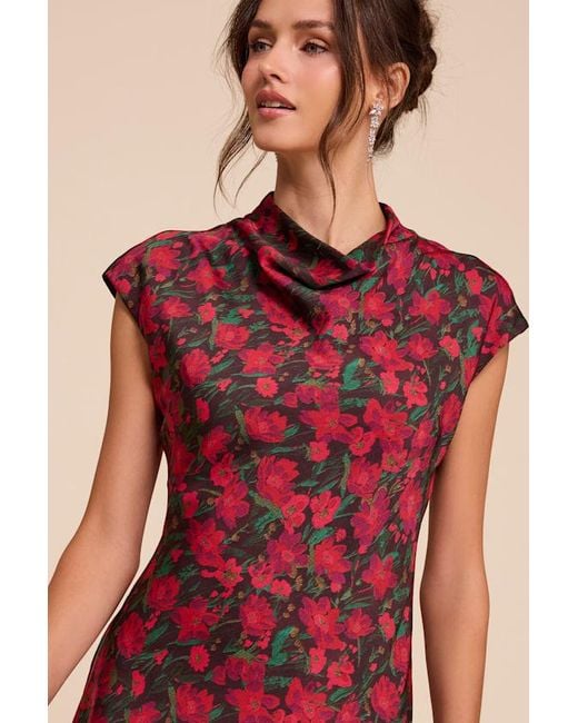 Lulus Red Ariya Multi Floral Satin Mock Neck Mini Dress