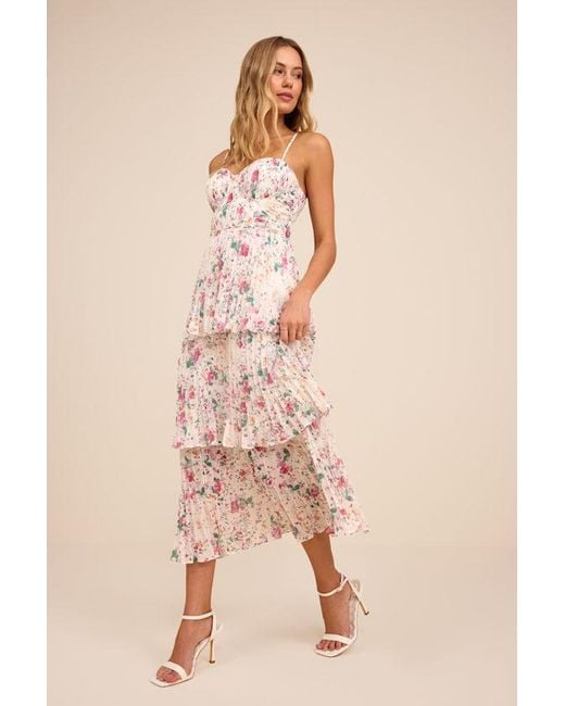 Lulus Natural Cascading Crush Floral Print Tiered Bustier Midi Dress