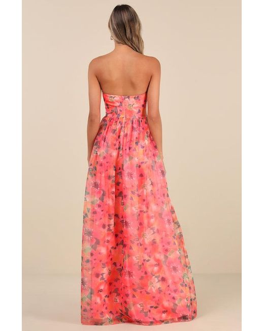 Lulus Red Wonderful Waltz Floral Print Strapless Bustier Maxi Dress