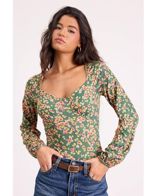 Lulus Green Blossom Beauty Floral Print Long Sleeve Bodysuit