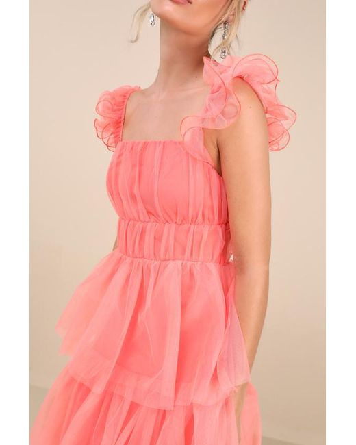 Lulus Pink Tulle For Love Mesh Tulle Tiered Ruffled Maxi Dress