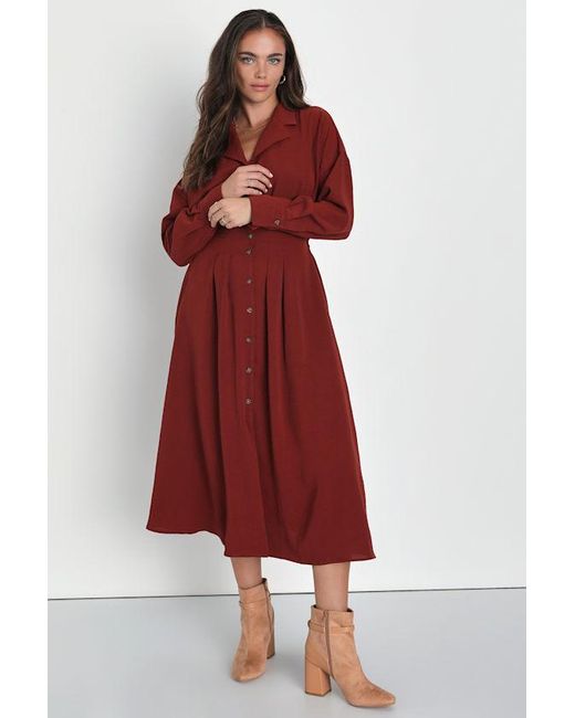 Lulus Timeless Class Rust Collared Button-Up Pleated Midi Dress