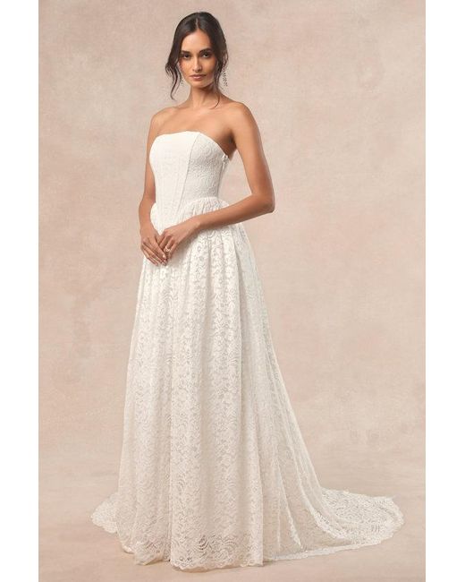 Lulus Natural Shiori Lace Bustier Basque Waist Strapless Maxi Dress