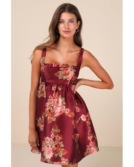 Lulus Red Unbelievably Lovely Floral Babydoll Empire Waist Mini Dress