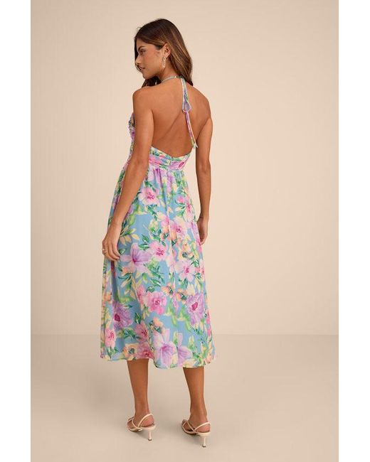Lulus Blue Danelle Floral Halter A-Line Midi Dress