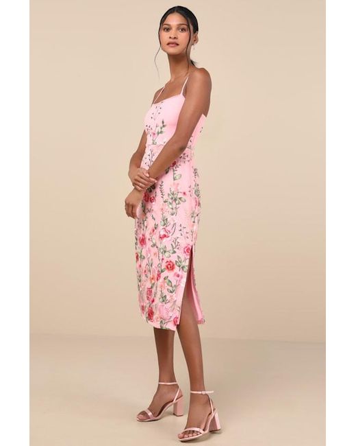 Lulus Pink Blooming For Love Floral Embroidered Midi Dress
