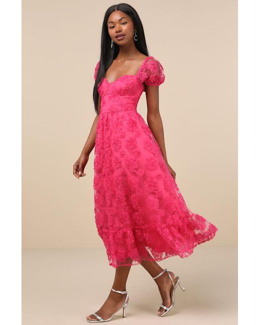 Lulus Pink Notable Elegance Mesh Floral Applique Bustier Midi Dress