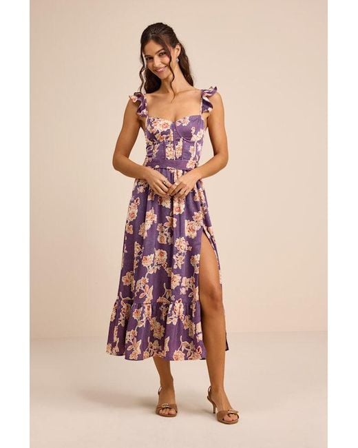 Lulus Purple Sweet Like Sangria Floral Ruffled Bustier Midi Dress