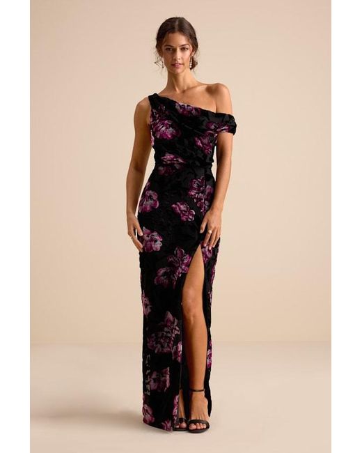 Lulus Natural Marnella Floral Velvet Burnout Asymmetrical Maxi Dress