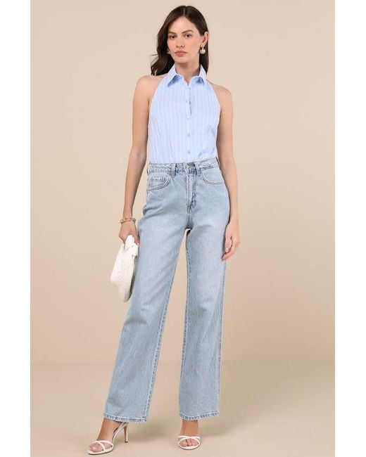 Lulus Blue Aeres Pinstriped Button-Front Collared Halter Bodysuit