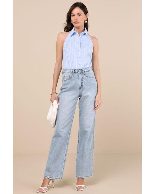 Lulus Blue Aeres Pinstriped Button-Front Collared Halter Bodysuit