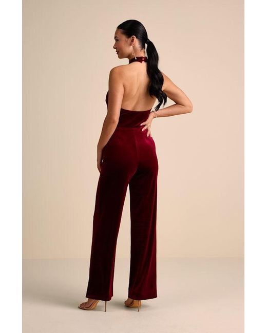 Lulus Red Yvania Velvet Cross-Front Halter Jumpsuit