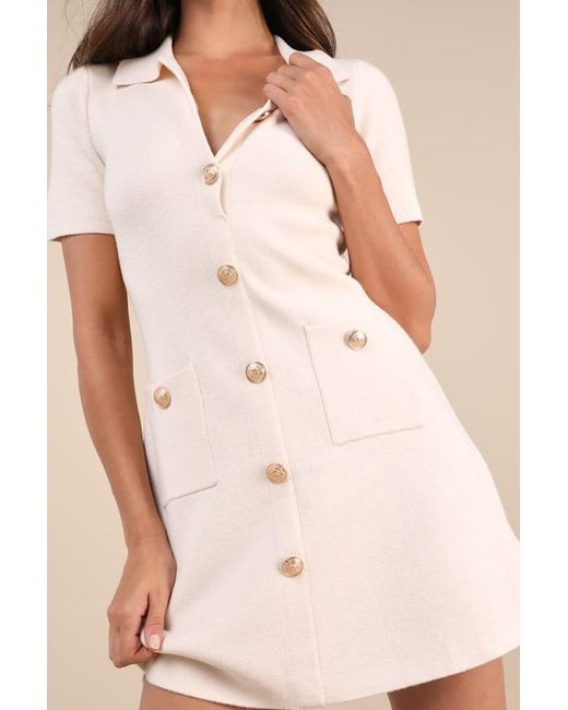 Lulus Natural Posh Outcome Cream Short Sleeve Sweater Mini Dress