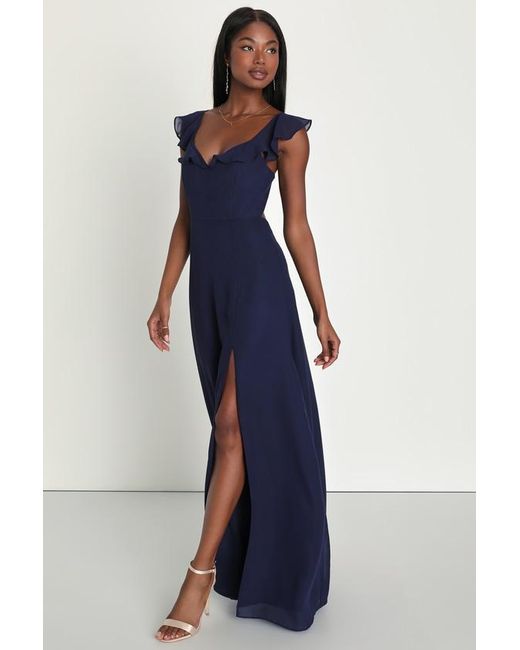 Lulus Blue Sweetest Entrance Ruffled Tie-Back Maxi Dress