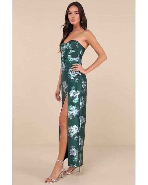 Lulus Blue Luxe Sweetie Emerald Floral Taffeta Belted Strapless Maxi Dress