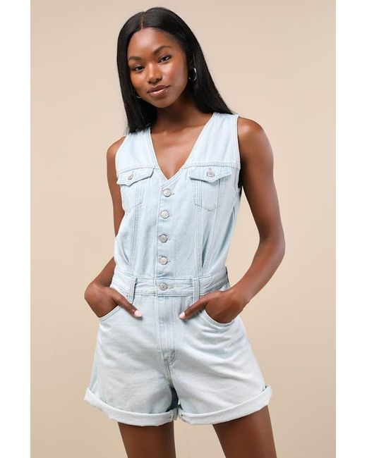 Levi's Blue Vest Light Wash Button-Front Denim Romper
