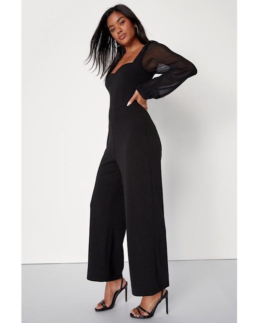 Lulus Black Perfect Charisma Mesh Long Sleeve Wide-Leg Jumpsuit