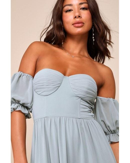 Lulus Blue Exceptionally Gorgeous Sage Chiffon Off-The-Shoulder Maxi Dress