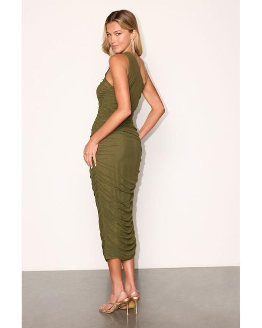 Lulus Green Kiden Mesh Ruched One-Shoulder Midi Dress
