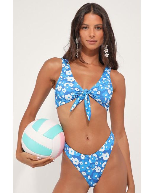 Lulus Blue Sandy Dandy Floral Print Tie-Front Bikini Top