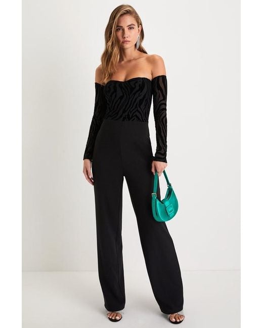 Lulus Black Stunning Occasion Burnout Velvet Off-The-Shoulder Jumpsuit