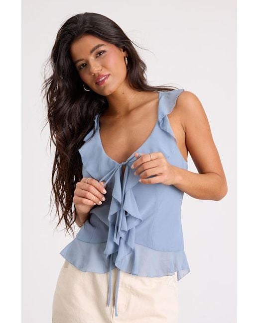 Lulus Blue Ivanna Ruffled Tie-Front Tank Top