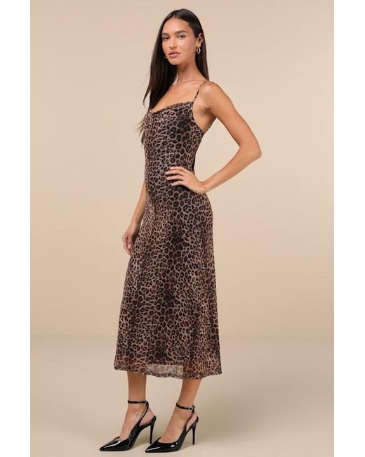 Lulus Brown Flirty Destiny Leopard Print Mesh Cowl Neck Midi Dress