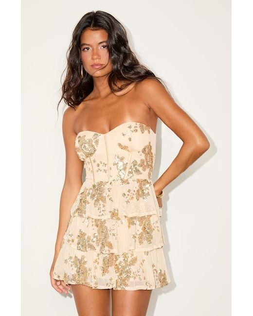 Lulus Brown Definite Glamour Mesh Sequin Bustier Tiered Mini Dress
